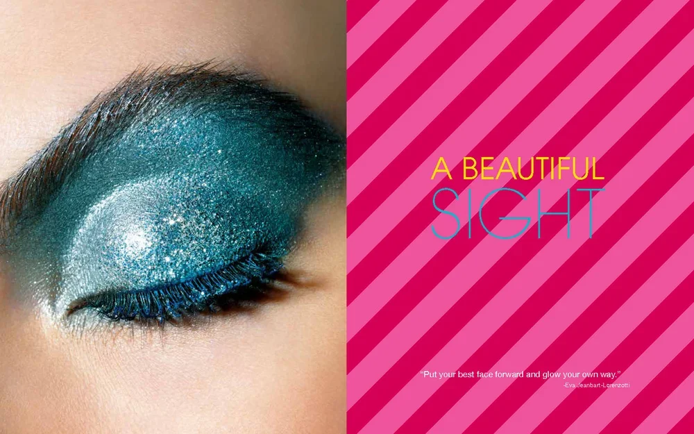 Close-up of a person's eye with vibrant blue and glittery eyeshadow and matching blue mascara, with the eye closed. On the right side, a pink background with diagonal stripes and the text "A Beautiful Sight".