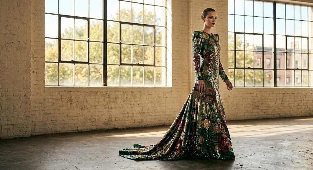 A woman wearing a long, floral-patterned evening gown standing in an industrial-style room with large windows and brick walls, holding a small clutch purse.