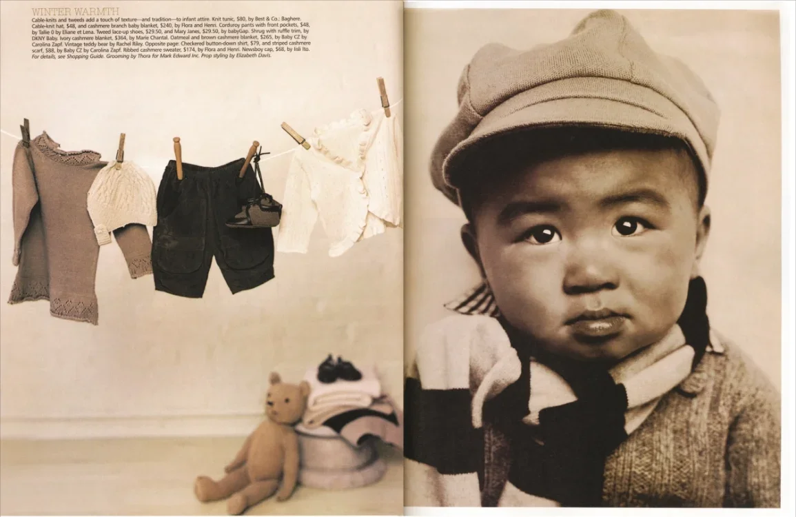 A two-page vintage magazine photo spread showing laundry hanging on a line with clothespins, including a sweater, hat, shorts, and a shirt on the left, and a black-and-white portrait of a young child wearing a cap on the right.