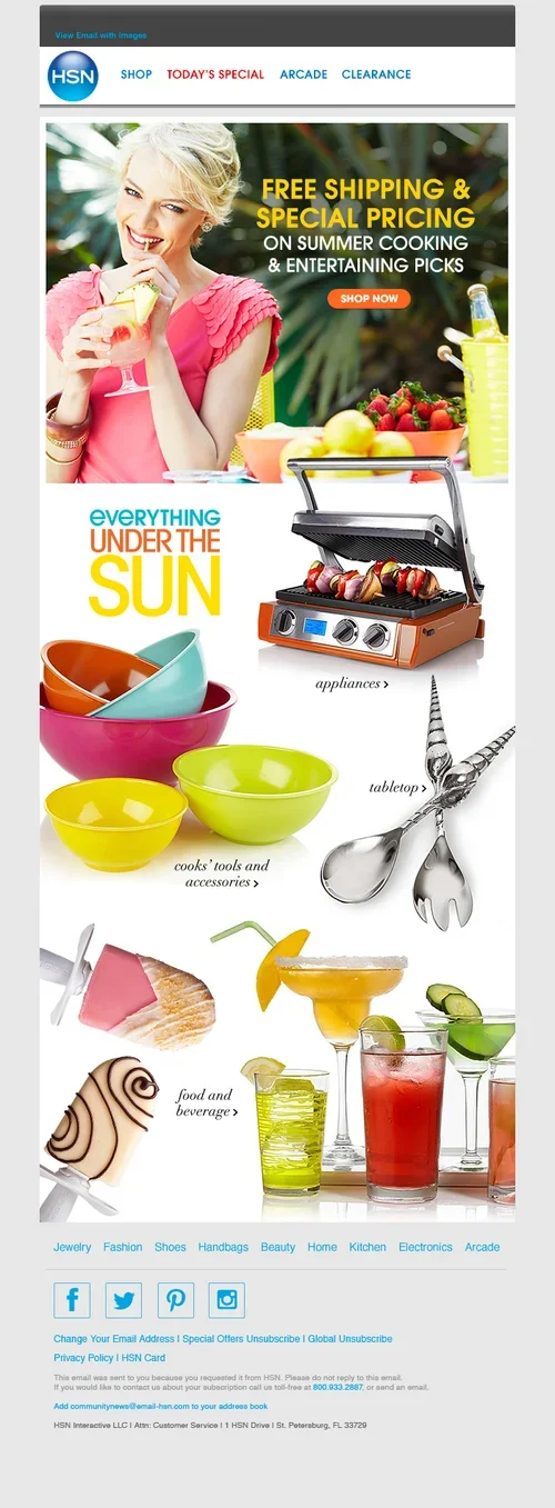 An advertisement for HSN featuring summer cooking and entertaining products, including colorful bowls, a tabletop grill, drinks, and strawberries, with a woman smiling and holding a drink.