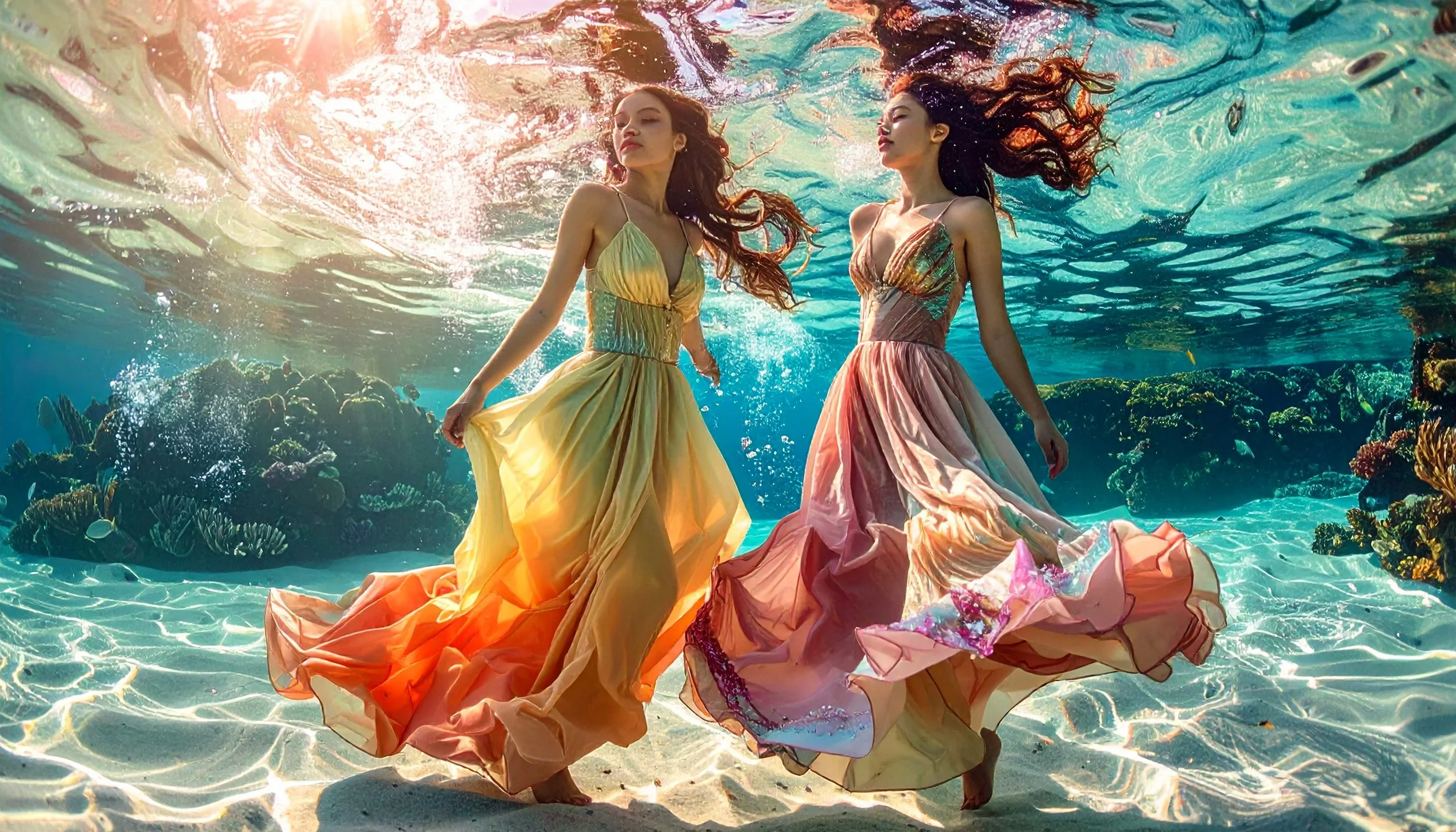 Two women wearing flowing dresses stand underwater among coral reefs and marine life.