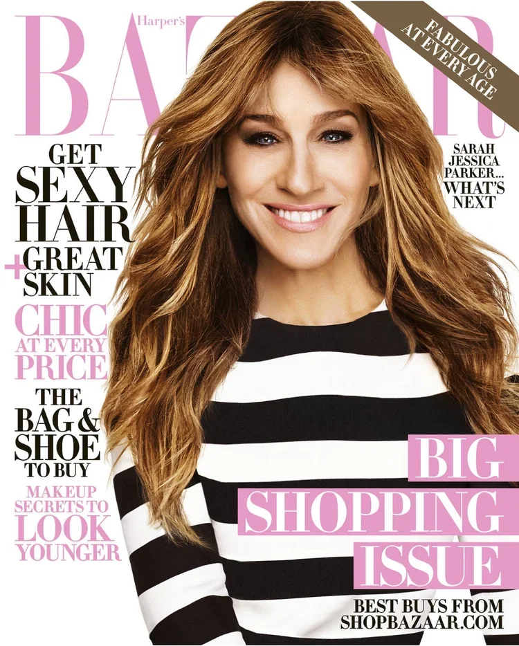 Cover of Harper's Bazaar magazine featuring Sarah Jessica Parker with long, wavy hair, smiling, wearing a black and white striped top.
