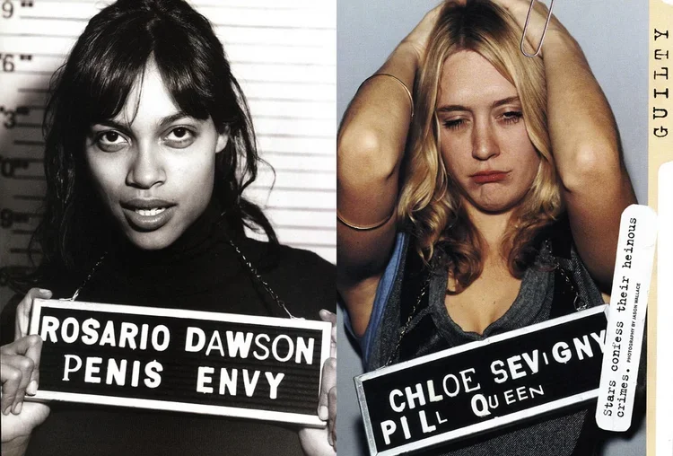 Side-by-side mugshot photos of Rosario Dawson and Chloe Sevigny holding signs with humorous descriptions