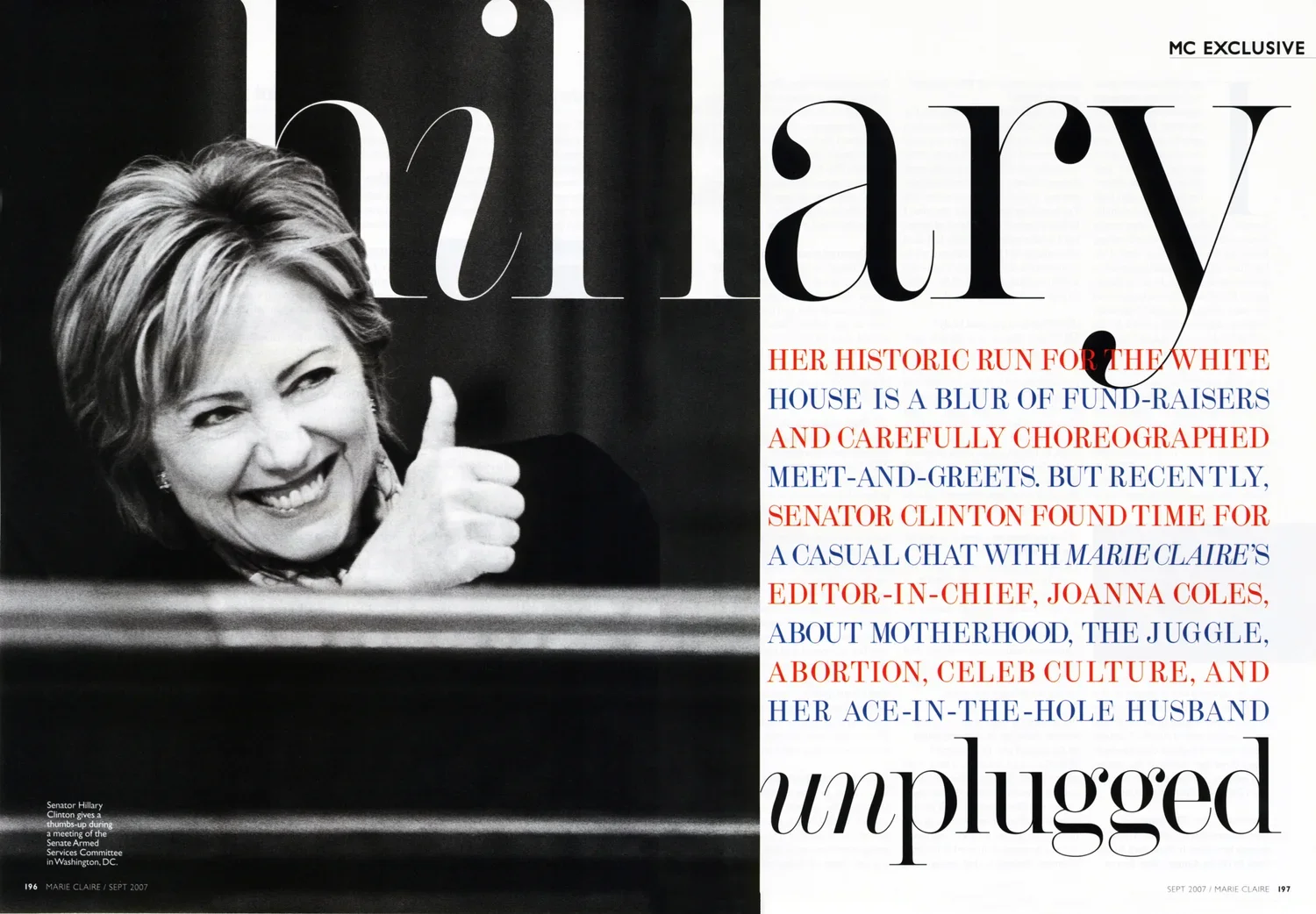 Black and white photo of Senator Hillary Clinton giving a thumbs-up during a Senate Armed Services Committee meeting, with title text about her political activities and personal life.