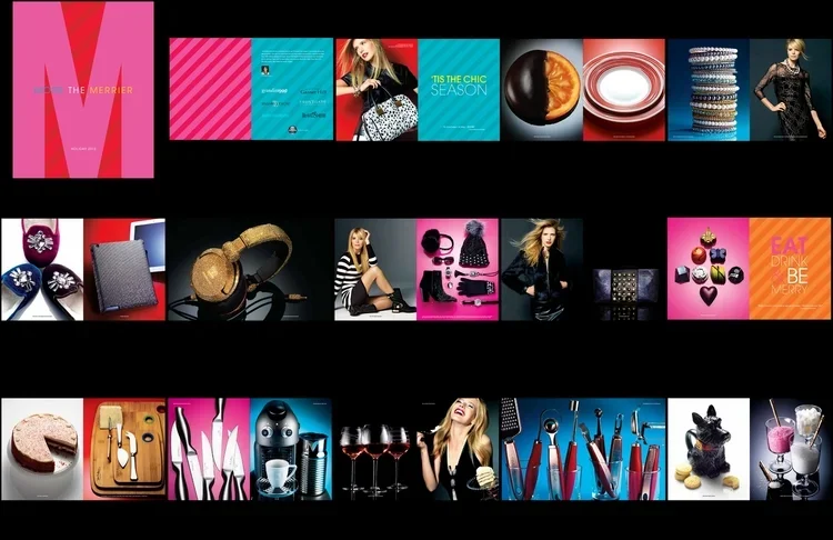 Collage of four rows of various colorful magazine covers and product images, including fashion, jewelry, accessories, desserts, jewelry, and drinks.