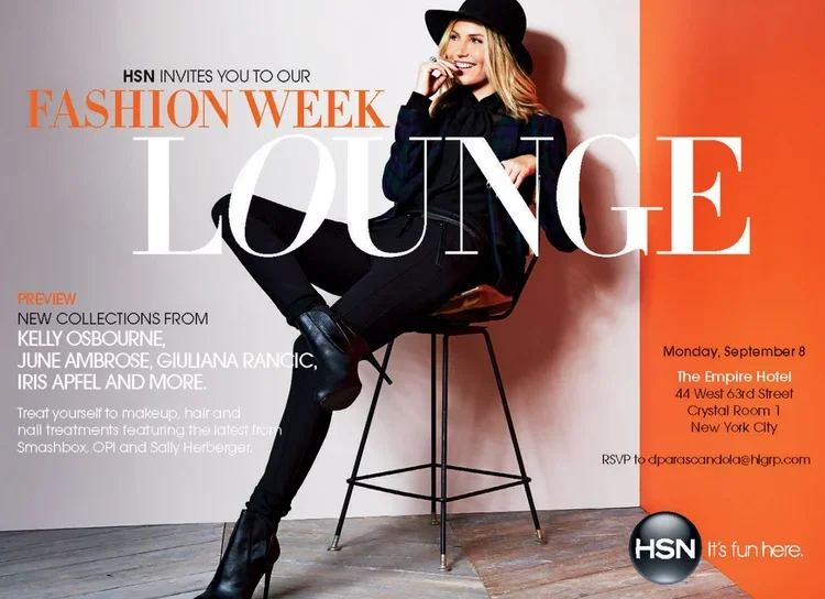 A promotional poster for HSN's Fashion Week Lounge featuring a woman sitting on a stool, dressed in black, wearing a black hat, smiling. The event details are listed, including date, location, and RSVP instructions.