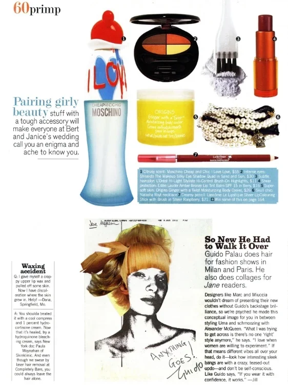 Image of beauty and fashion products including a red and white hat, eyeshadow palette, lipstick, a bottle of perfume, a candle, a nail polish, a pearl accessory, and a lip gloss, along with magazine articles about beauty and fashion.