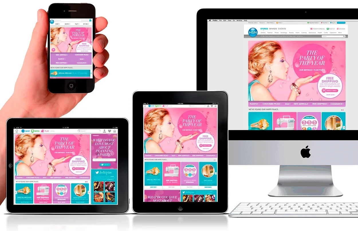 Multiple Apple devices including an iPhone, iPad, and iMac displaying the same pink-themed website advertisement for a birthday sale event with free shipping, a woman blowing a kiss, and various product images.
