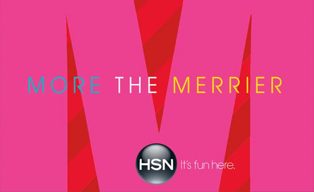 Pink background with large letter M and red stripes. Overlaid text says 'More the Merrier' with 'More' in blue, 'the' in white, and 'Merrier' in yellow. At the bottom, there is a black circle with white letters 'HSN' and a tagline 'It's fun here'.