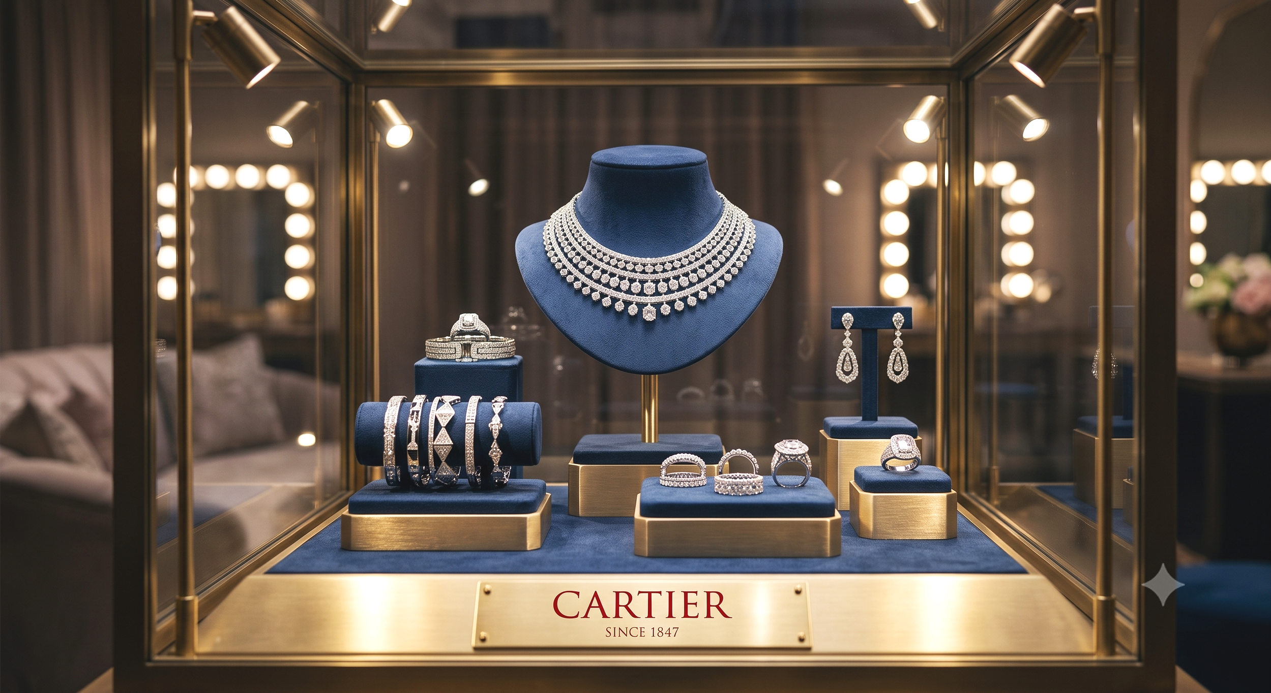 Jewelry display case featuring diamond necklaces, earrings, rings, and bracelets, with a Cartier sign at the bottom, in a luxurious setting.