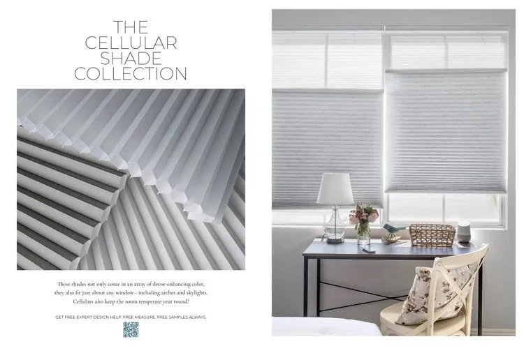 Advertisement for cellular shade collection showing fabric samples on the left and a window with white cellular shades in a decorated room on the right.