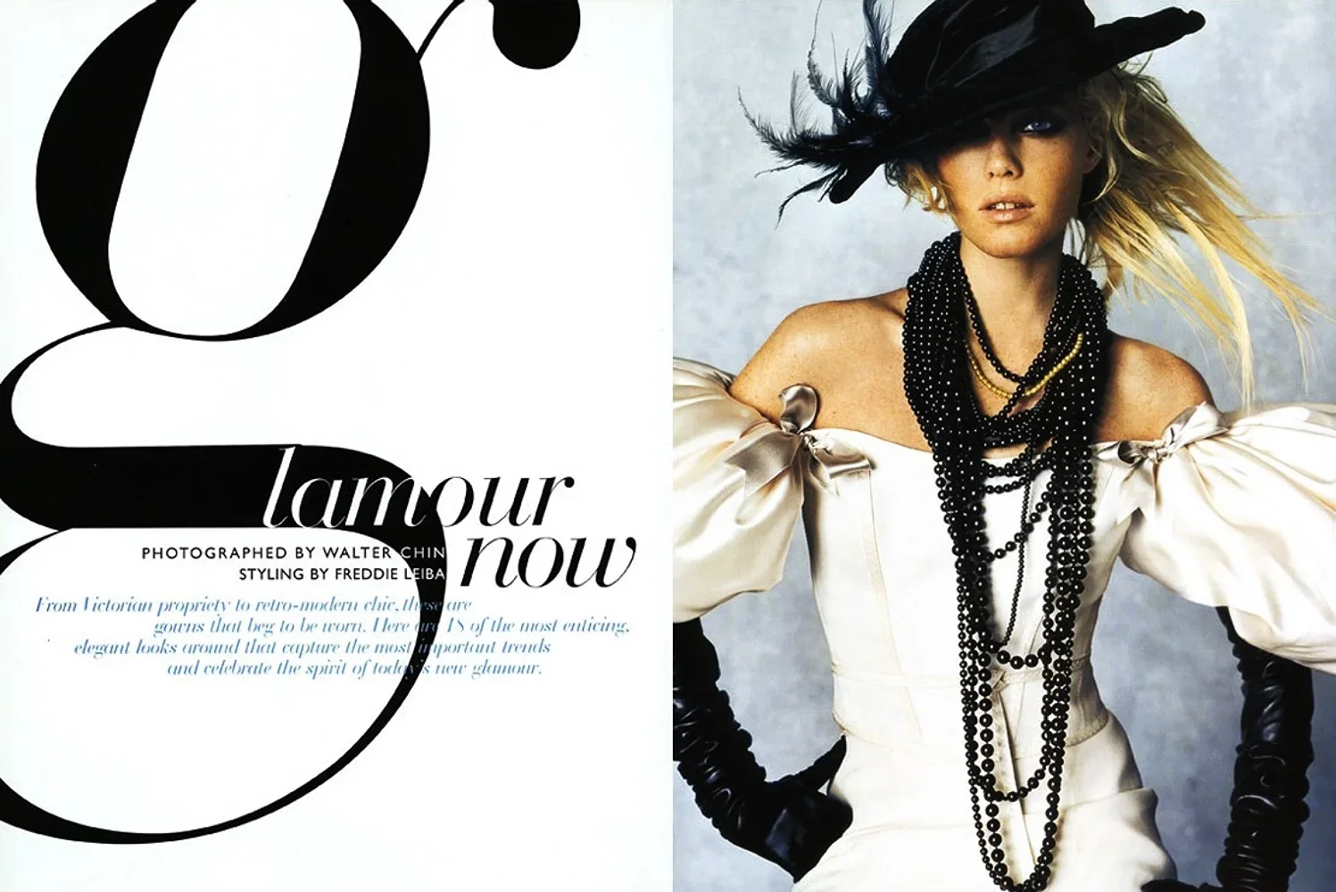 A magazine cover featuring a woman wearing a large black hat with feathers, a white off-shoulder top, and multiple strands of black necklaces. The left side of the cover has the title 'L'amour now' with promotional text about fashion and elegance.