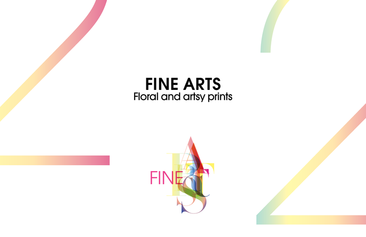A designer book cover titled "FINE ARTS" with the subtitle "Floral and artsy prints." The cover has colorful diagonal lines in pink, yellow, and green.