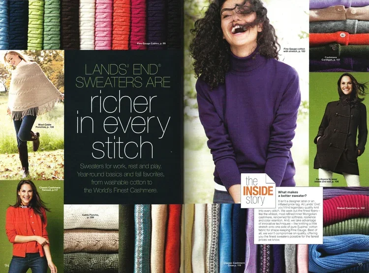 A magazine spread showcasing various sweaters in different styles and colors, with a central message about the quality of cashmere sweaters from Lands' End.