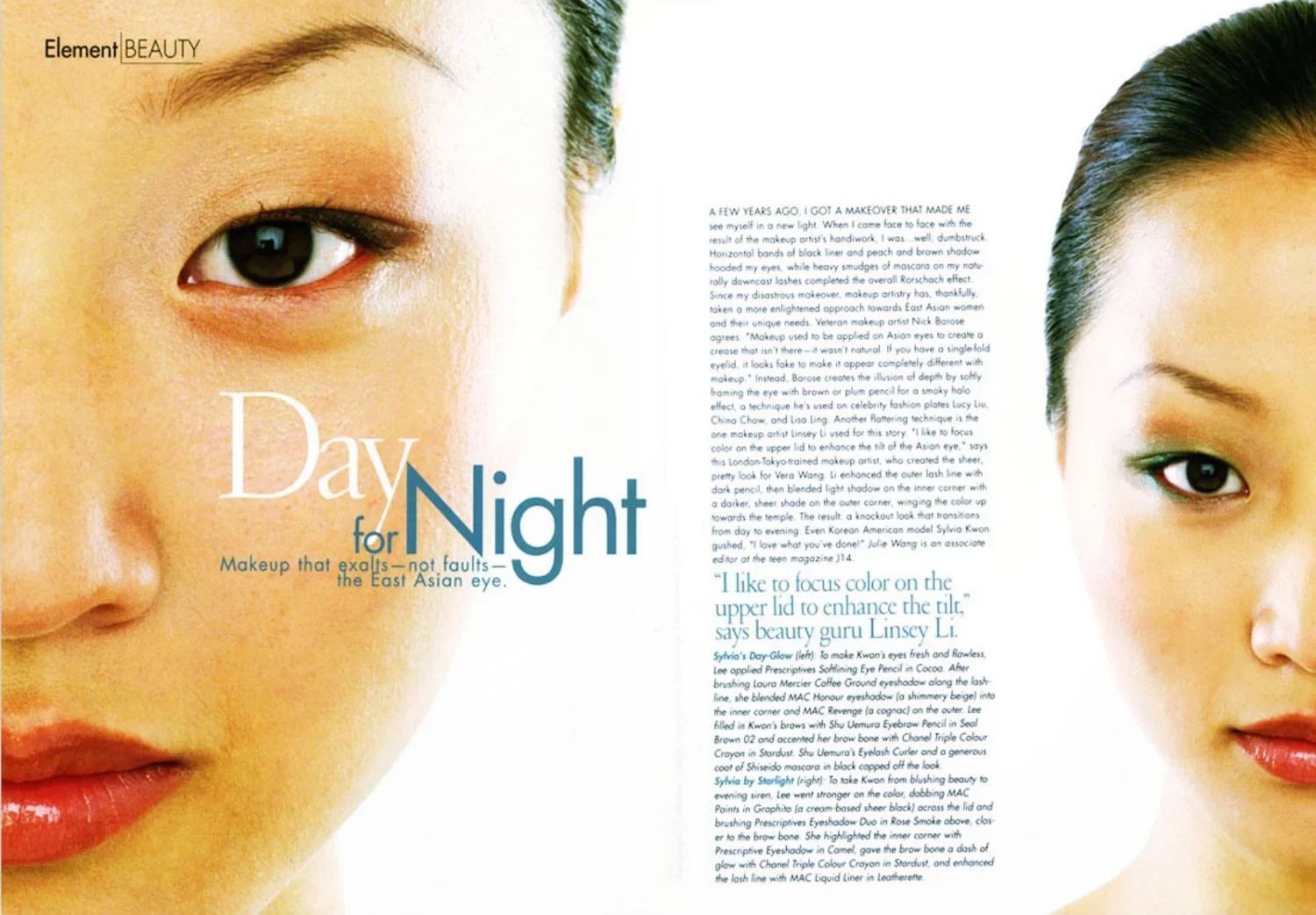 Close-up of a woman's face showcasing makeup with focus on her eye and lips, partially overlaid by magazine text.