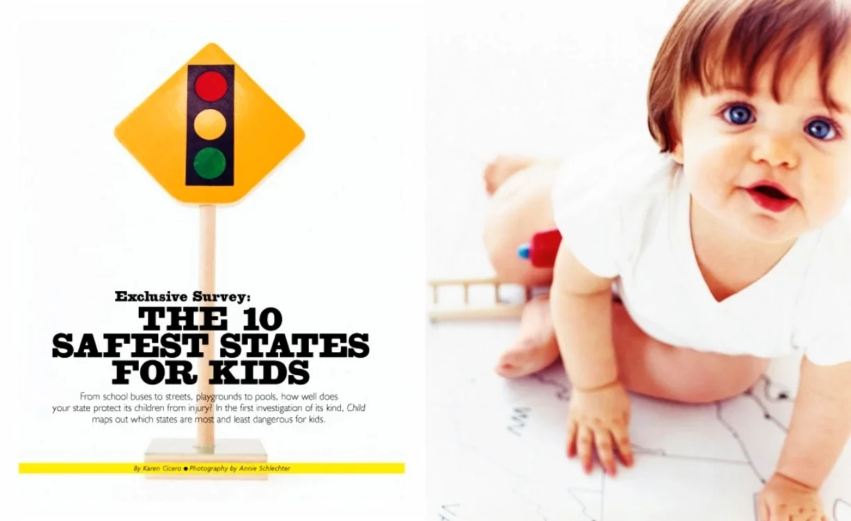 Left side: a yellow diamond-shaped traffic sign with a traffic light symbol, and bold black text that reads 'Exclusive Survey: The 10 Safest States for Kids.' Right side: a baby with blue eyes and brown hair, crawling on a white surface with drawings
