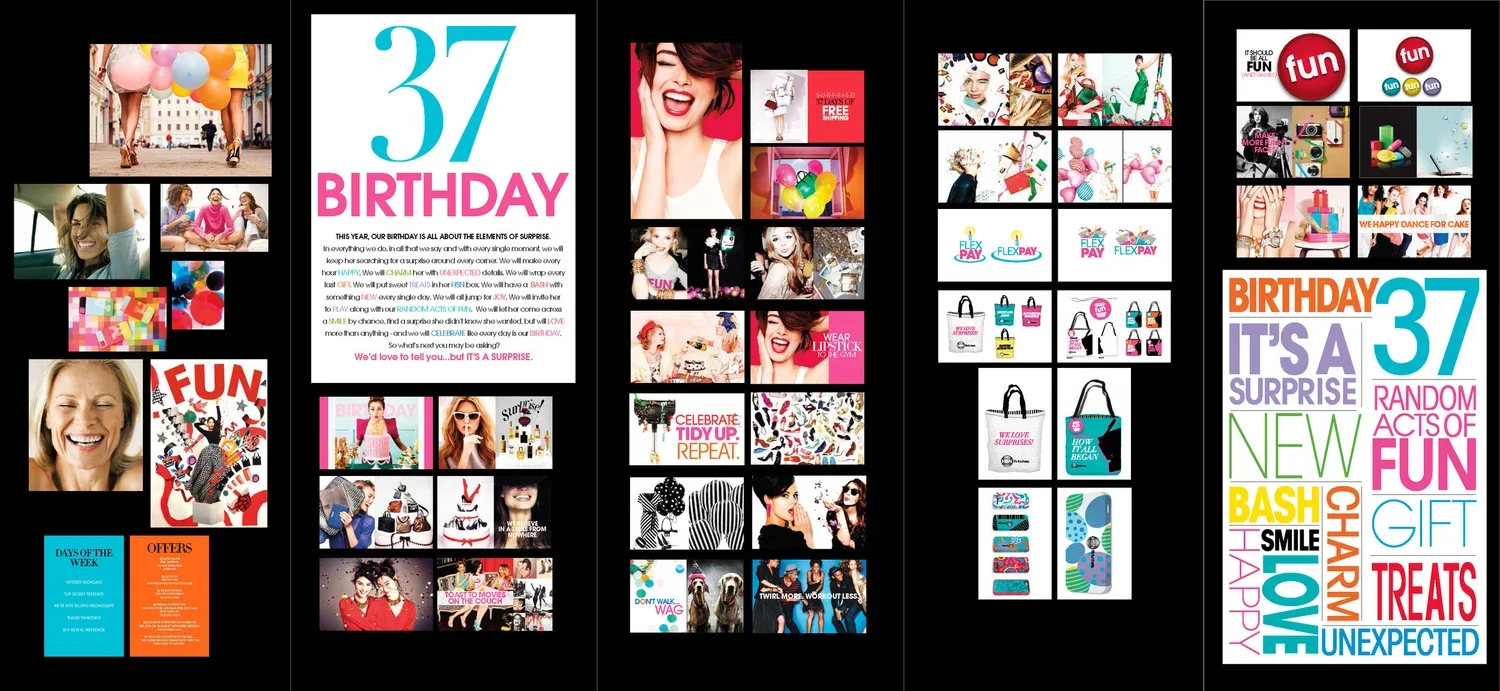 A collage of images featuring birthday celebration themes, party supplies, smiling people, and colorful decorations for a 37th birthday.