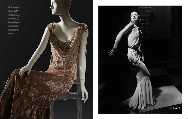 Left side: a mannequin dressed in a shiny, sleeveless, gold, floor-length gown with draped fabric; right side: a black and white photo of a woman wearing a long, elegant dress with a high slit, striking a dramatic pose against a dark background.