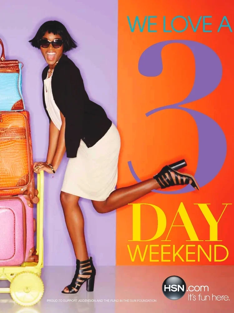 A woman in black sunglasses and fashionable black and white clothing stands next to a stack of colorful suitcases, smiling and lifting one leg in a playful pose, against a vibrant background with text promoting a summer weekend event.