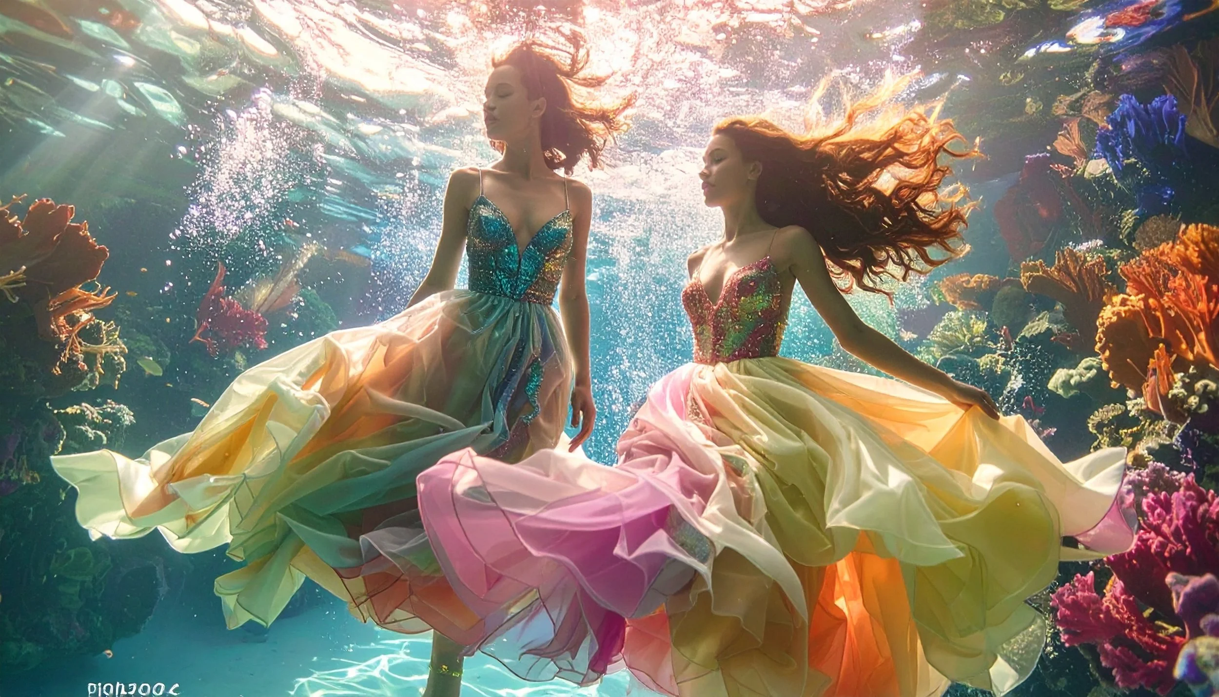 Two women with long flowing hair and adorned in colorful, flowing dresses swim underwater among coral and marine life.
