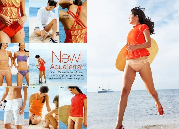 Collage of women at the beach wearing colorful swimwear, with a main focus on a woman in a coral-orange top and striped shorts carrying a surfboard, overlooking the ocean.