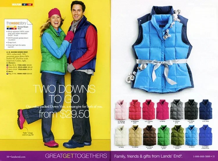 A two-page advertisement featuring a smiling couple dressed warmly, with the woman wearing a green and blue vest and pink shoes, and the man wearing a red and blue vest. The text promotes down vests starting at $29.50, with additional images of vario