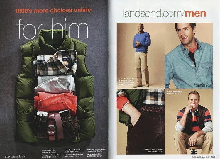 Magazine page displaying men's clothing and fashion. The left page features folded shirts and pants on a green padded surface with the heading 'for him' and text about online choices. The right page shows four men wearing different casual outfits, in