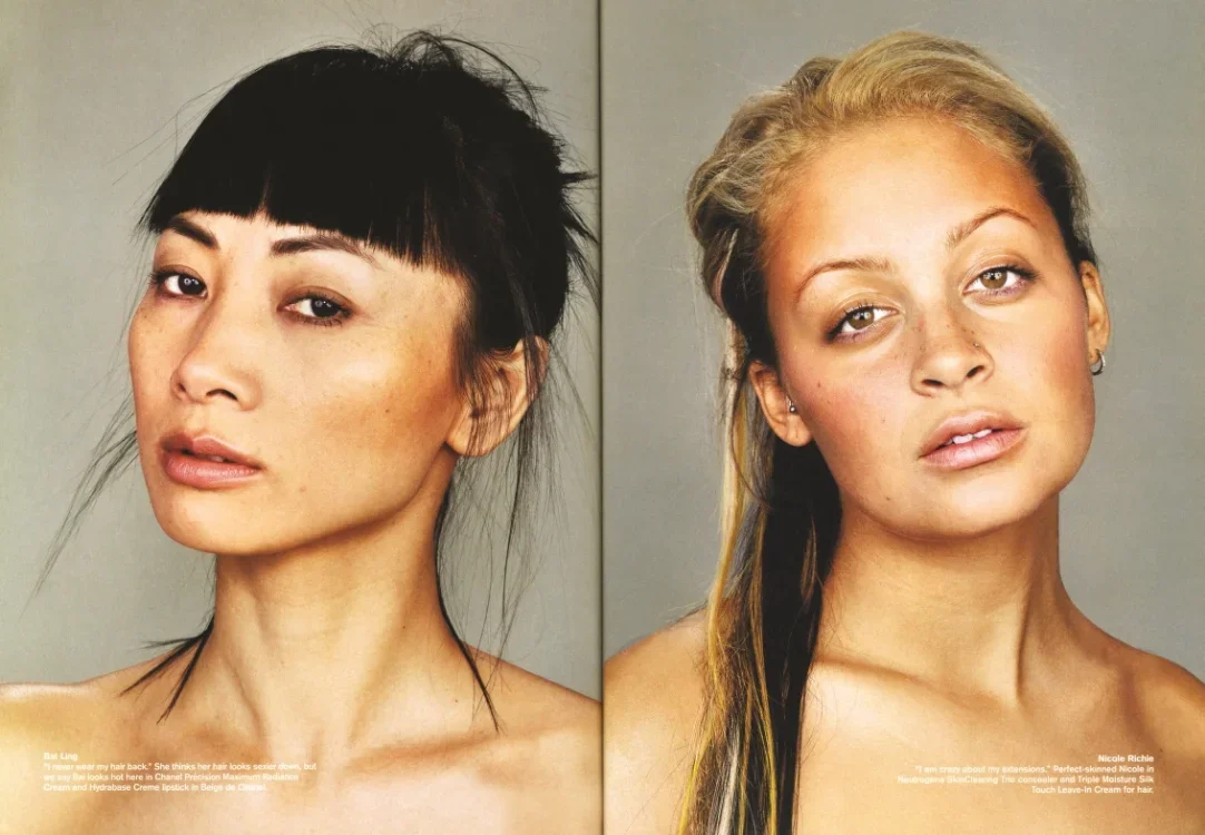 Portrait of two women with distinct looks, one with black hair and bangs, the other with blonde hair and a natural appearance, against plain backgrounds.