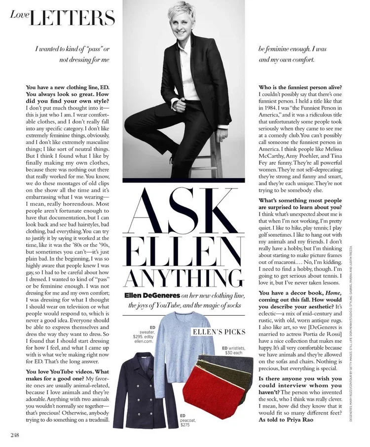 Page from a magazine featuring a black-and-white photo of a woman in a blazer and pants, with large text saying 'ASK ELLEN ANYTHING' and a column of interview questions and answers about her clothing line, style, and personal interests, alongside ima