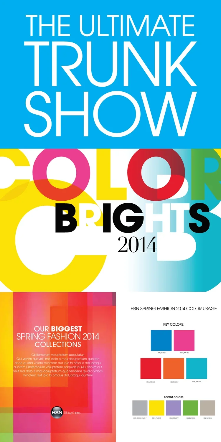 Poster for the Ultimate Trunk Show featuring Bright Colors, Fashion Collections from Spring 2014, with key colors blue and pink and accent colors yellow, purple, green, and gray.