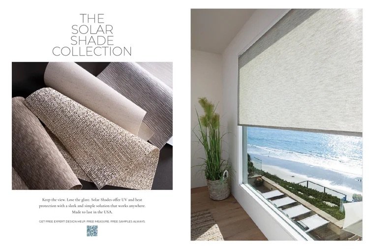 Left side shows sample rolls of solar shade fabrics in neutral tones. Right side features an interior with a large window fitted with a solar shade, overlooking a scenic ocean view with a sandy beach and promenade.