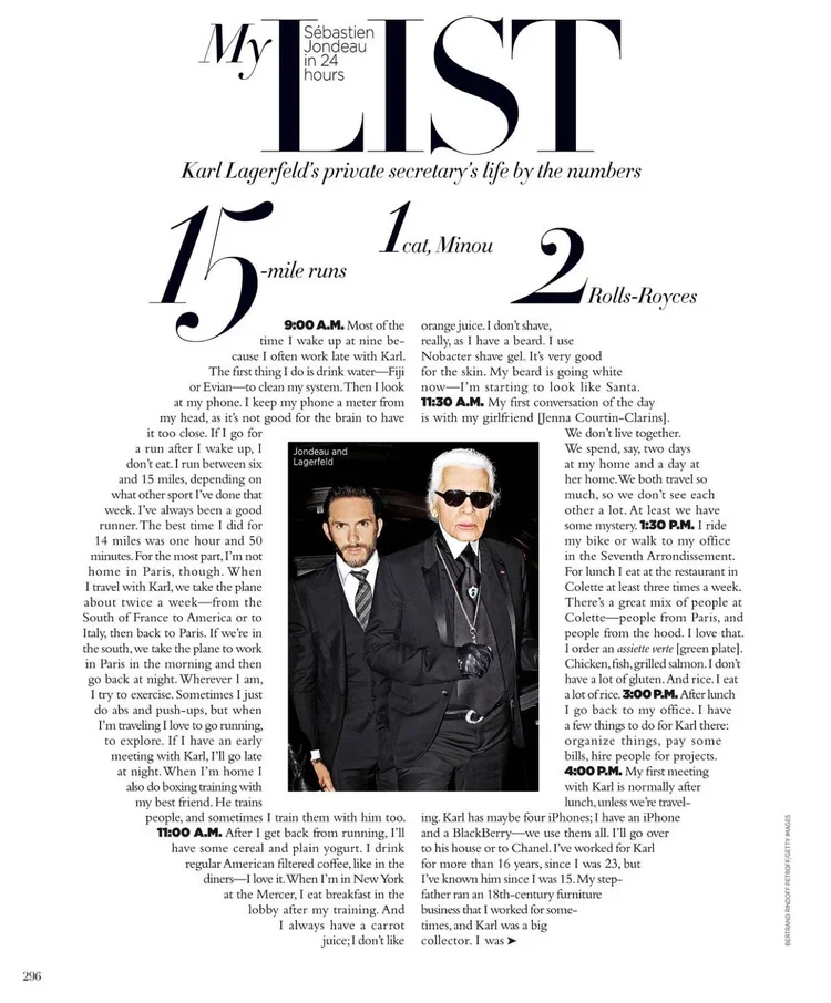 Magazine article titled 'My List,' featuring text about Sebastian Jondeau's 24-hour lifestyle, Karl Lagerfeld's life by the numbers, and a black-and-white photo of Karl Lagerfeld and another man in suits.