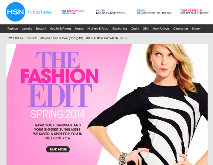 A woman with blonde hair wearing a black and white striped top, pointing to the side on a pink background with text about a spring fashion edit for 2014.