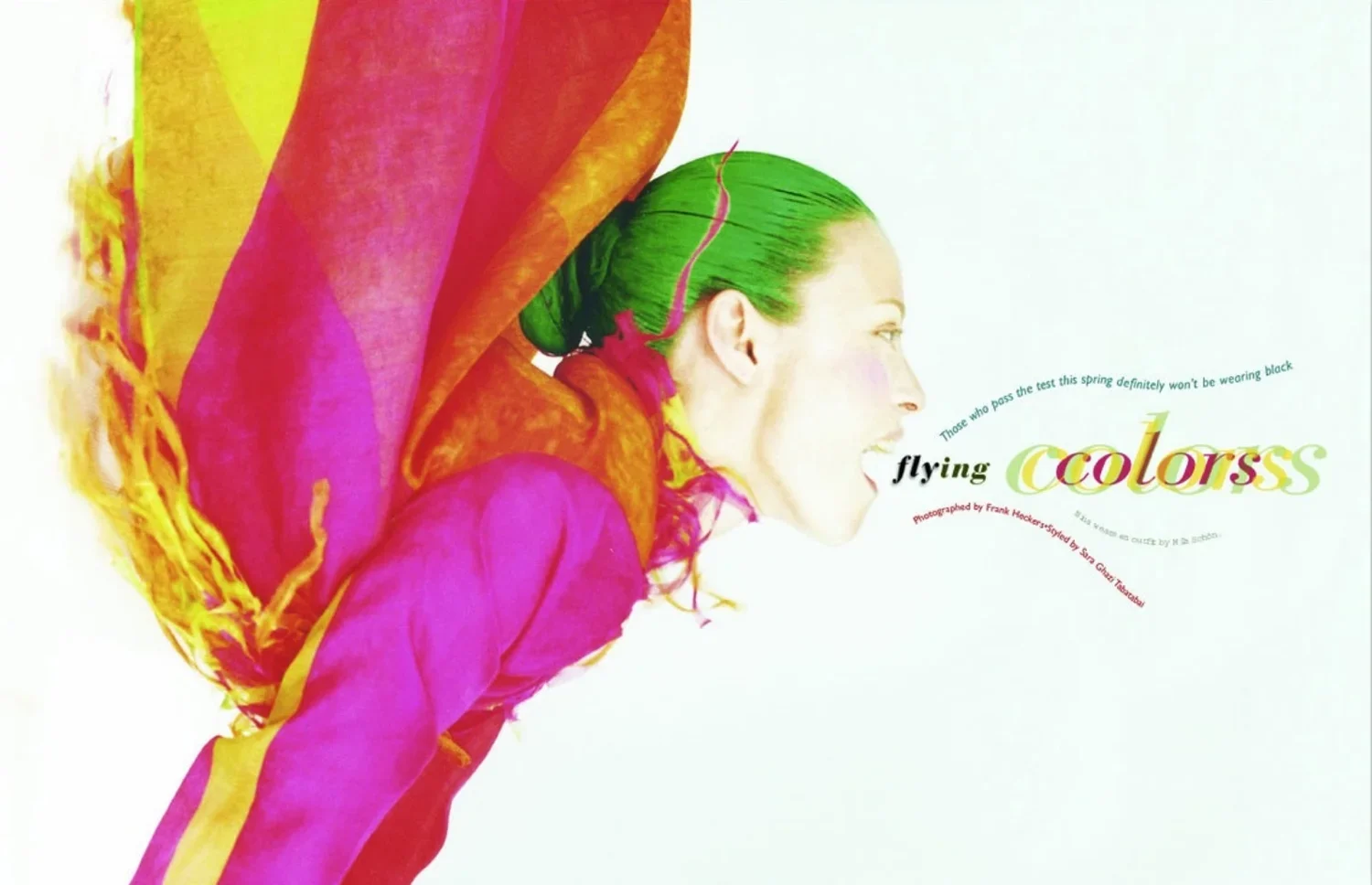 Colorful magazine cover featuring a woman with green hair singing or shouting, wearing vibrant pink, orange, and yellow clothing, with text that reads "flying colorss" and smaller text around it.