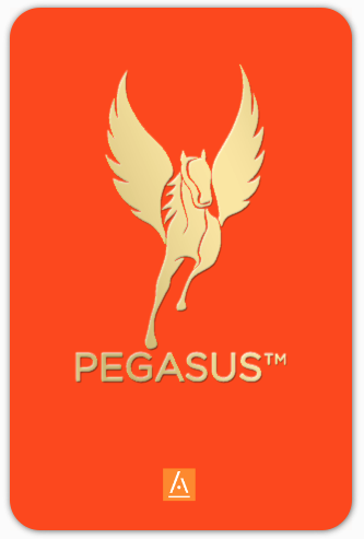 A stylized illustration of a Pegasus with large wings, set against an orange background, with the word "PEGASUS" beneath it.