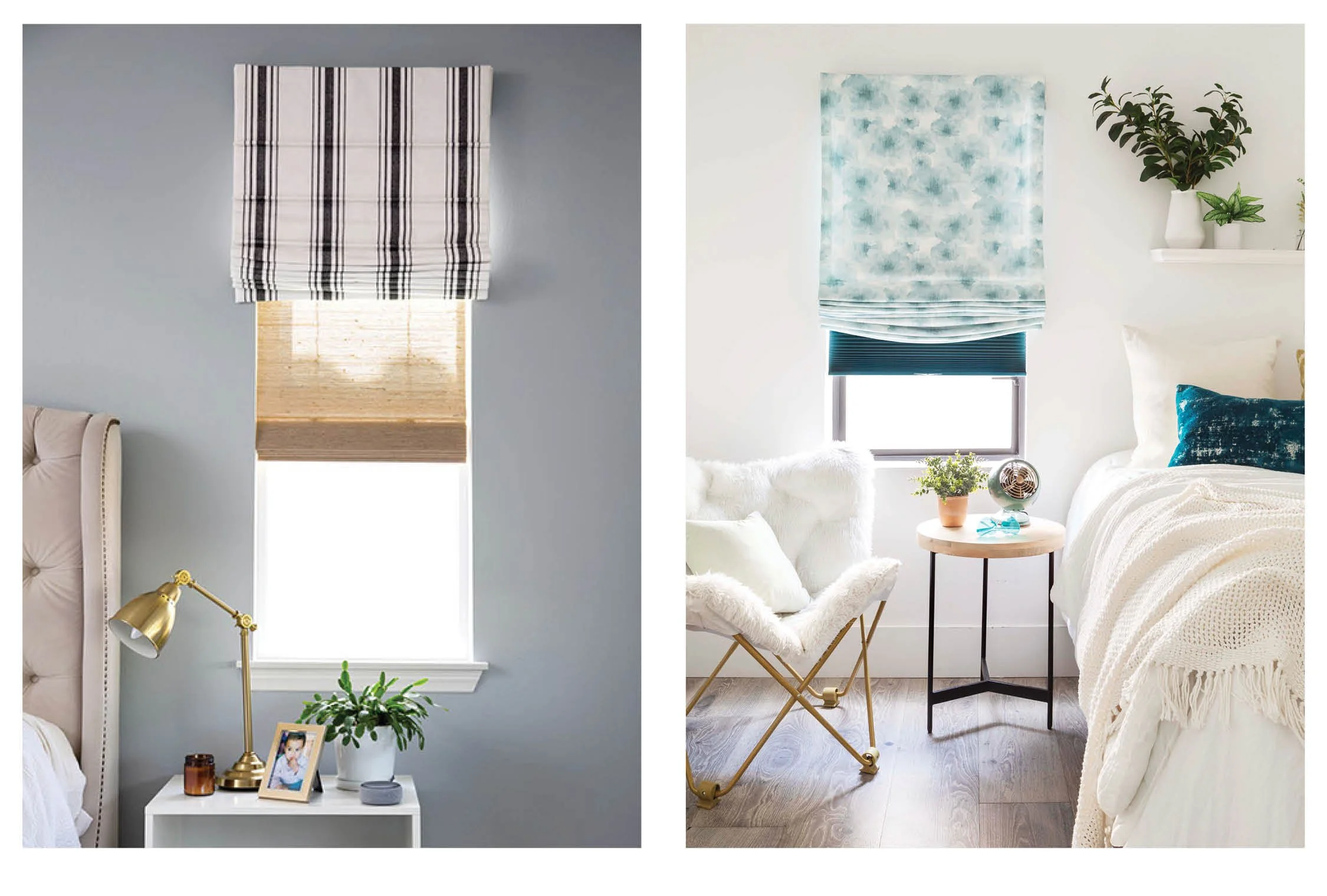 Comparison of two bedrooms with different window treatments and decor styles.