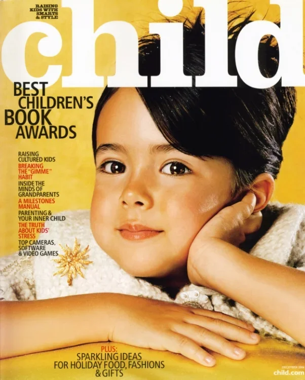 Cover of 'Child' magazine featuring a young girl with black hair and brown eyes, resting her head on her hand, wearing a cream-colored sweater, with a yellow background and headlines about children's books, parenting, and holiday ideas.
