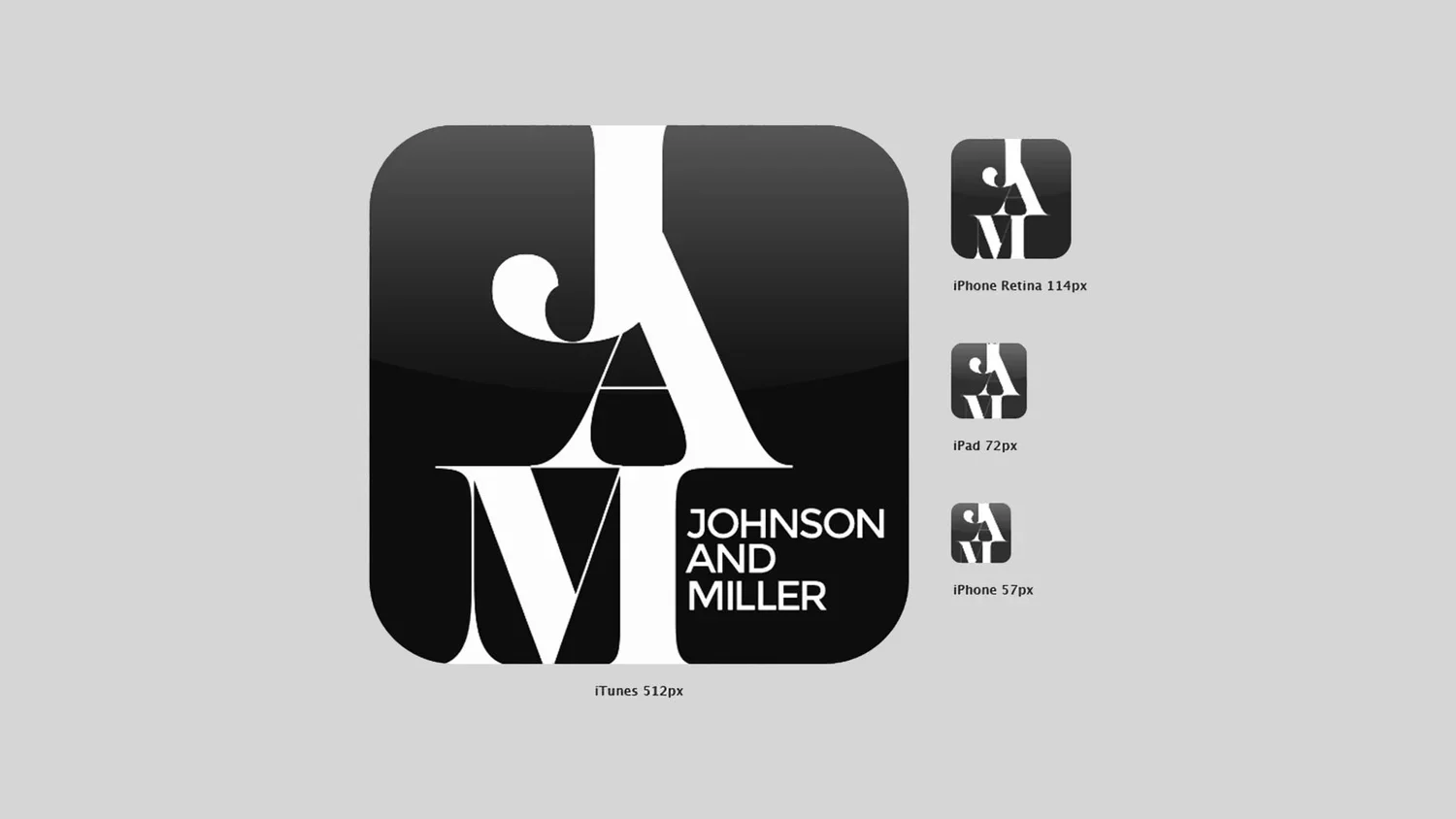 Black and white app icon for Johnson and Miller, featuring stylized initials 'J' and 'M' in a modern design, with different sizes shown for iPhone, iPad, and iTunes