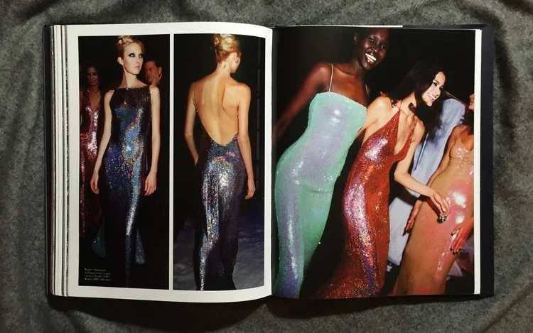 Fashion magazine showing models wearing glamorous, shiny dresses on a runway and at an event.