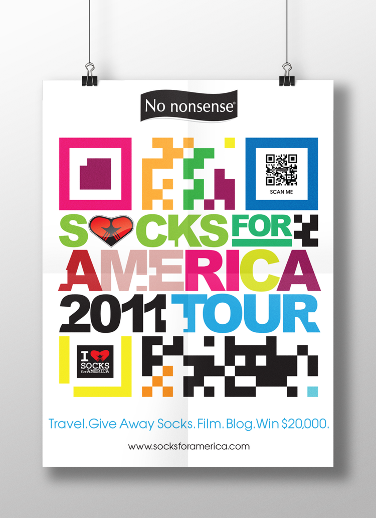 Poster promoting Socks for America 2011 tour with colorful text, QR codes, and a heart logo, encouraging travel, giving away socks, and winning $20,000.