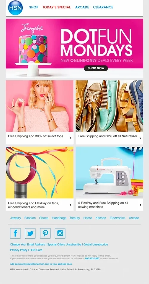 HSN website with a banner for DotFun Mondays sale featuring a colorful birthday cake. Sections promoting discounted jewelry, shoes, handbags, and a sewing machine, with links to various product categories and social media icons.