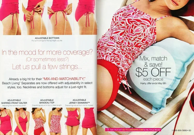 Open magazine showing women in pink swimsuits and a woman wearing a red and white patterned swimsuit, with promotional text for adjustable and mix-and-match swimwear, and a coupon offering $5 off each piece.