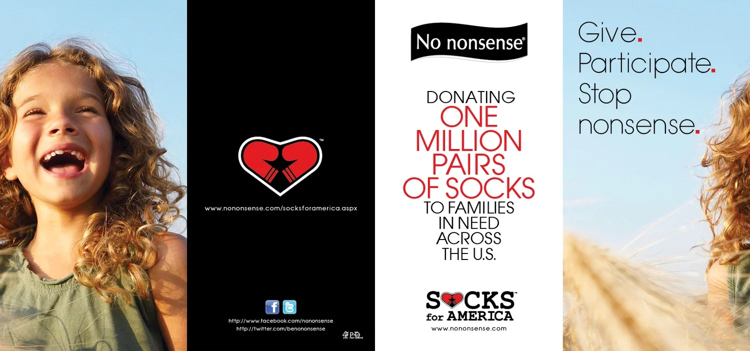 Advertisement for socks donation campaign featuring children, with the text 'No nonsense, donating one million pairs of socks to families in need across the U.S.' and the logo 'Socks for America'.