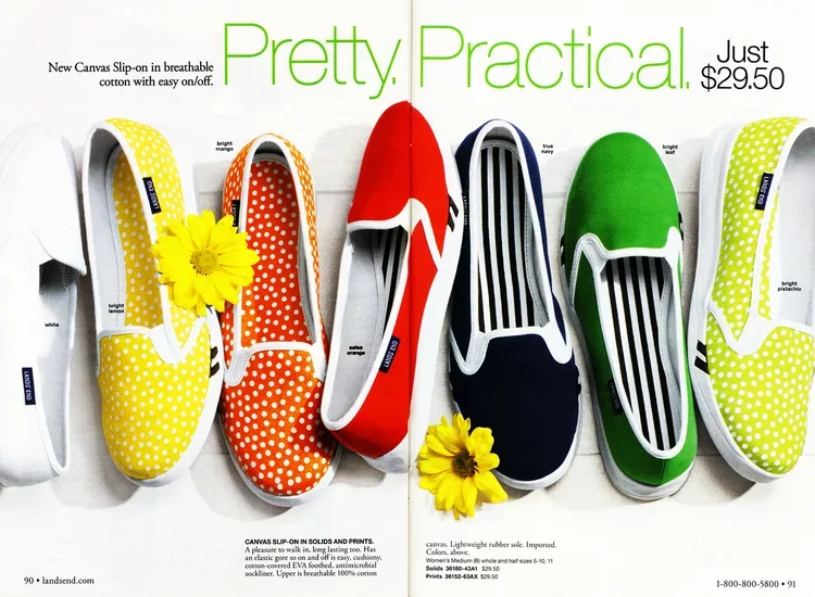 A collection of colorful canvas slip-on shoes in yellow, orange, red, navy, and green with polka dot patterns, displayed on a white background with yellow flowers, promoting affordable and practical footwear.