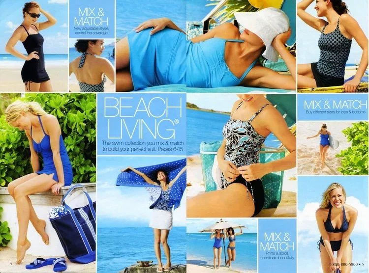 A collage of women enjoying a beach day in swimsuits, with tropical and beach backgrounds, and promotional text about mix-and-match swimwear collections.