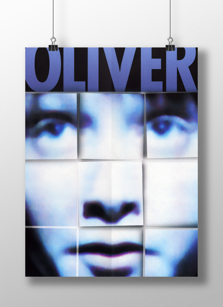 A collage poster of a close-up of a person's face, with the name 'OLIVER' at the top in large purple letters, divided into nine tiles, with visible grid lines.
