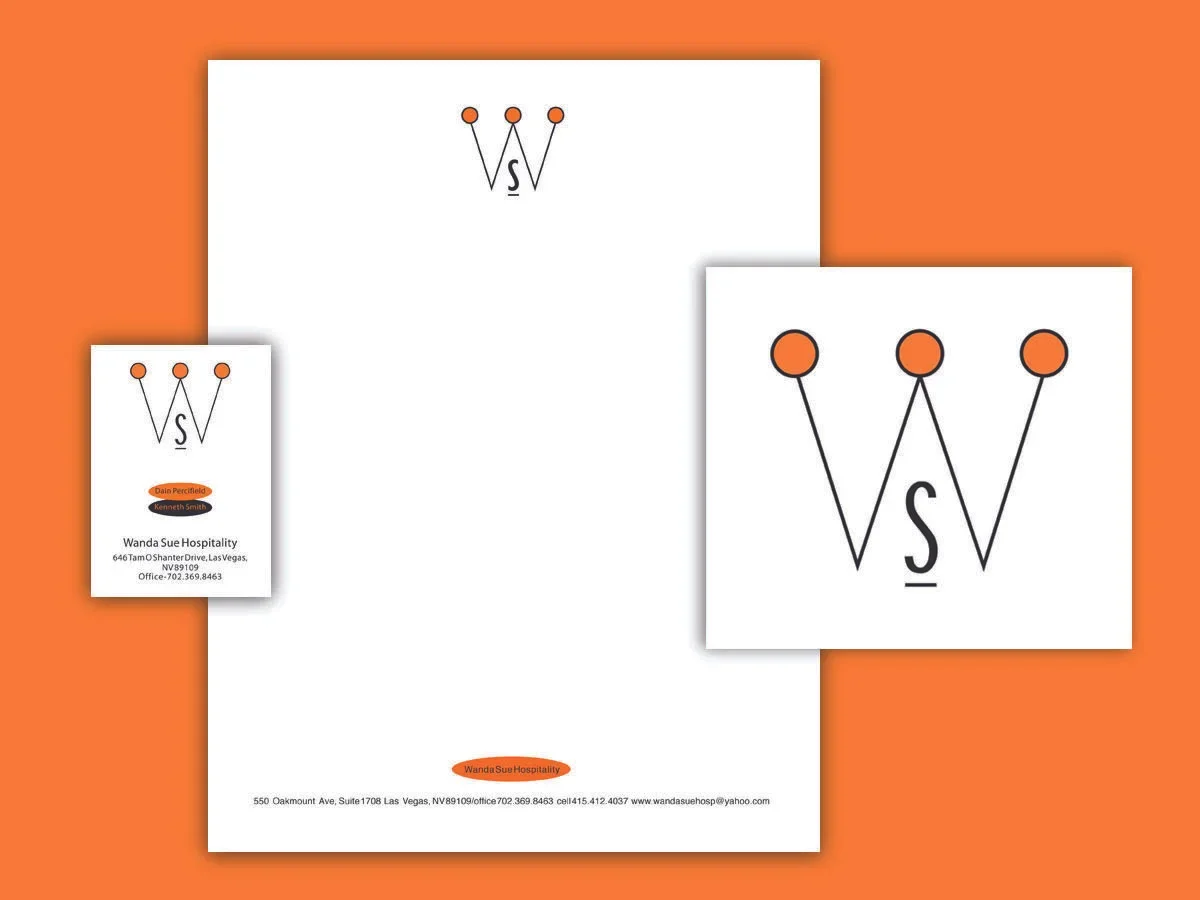 A logo design featuring three orange circles connected by lines above a stylized letter 'S'. This logo appears on various stationary items, including a business card and letterhead, with the name 'Wanda Sue Hospitality' and contact information, set a