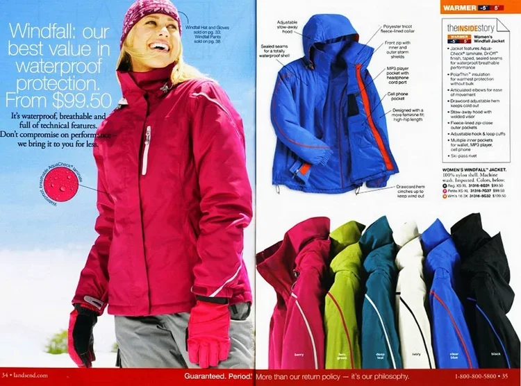 Catalog page showcasing waterproof jackets and windproof gloves for women. The left side features a smiling woman wearing a pink waterproof jacket with gloves, while the right side displays various jackets in blue, red, green, white, and black, along