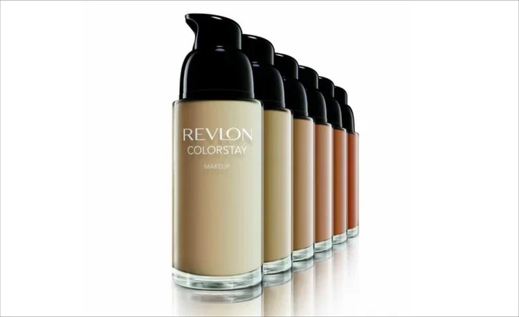 Six bottles of Revlon ColorStay makeup foundation in different shades arranged in a row.