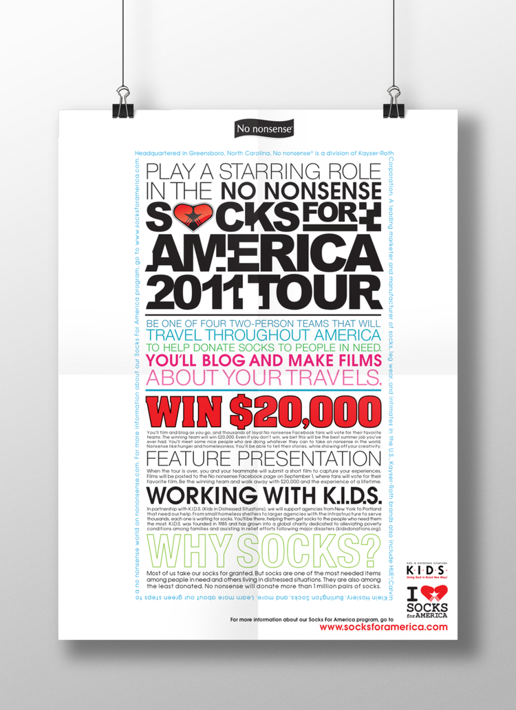 Poster for Socks for America 2011 Tour featuring bold text, a broken heart graphic, and logos for K.I.D.S. and Socks for America.